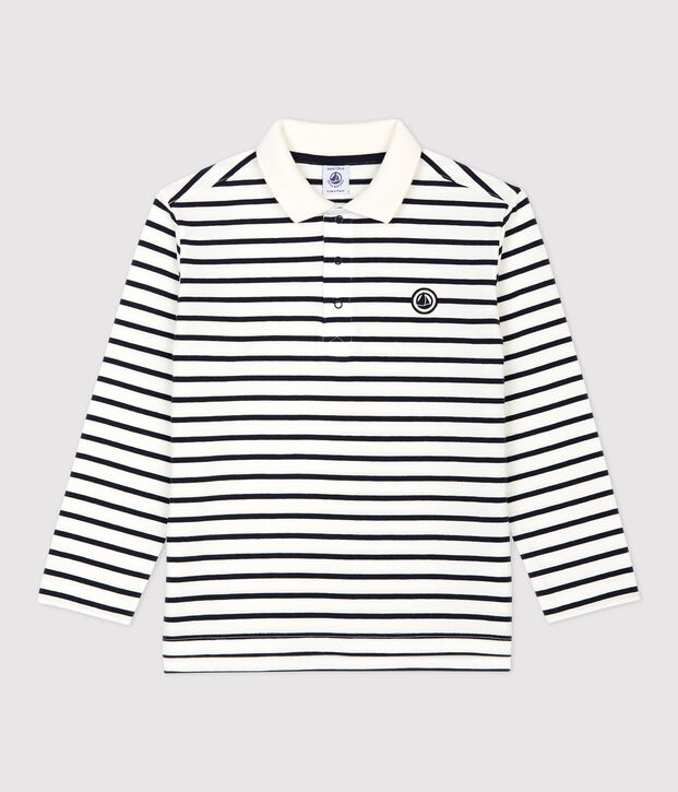 Gestreepte jongenspolo met lange mouwen van katoen wit/blauw